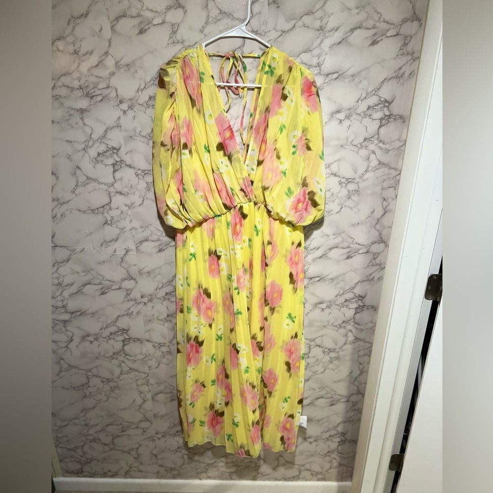 ASOS DESIGN pleated wrap front midi dress in yellow floral